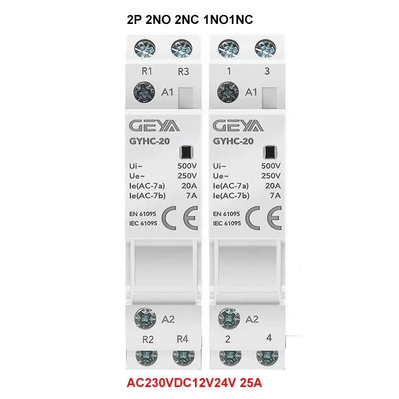 DC 12V24V230V50/60Hz Household AC Modular Contactor 2P 25A AC DC Relay 2NO 2NC 1NO1NC Relay Control Switch for Smart Home