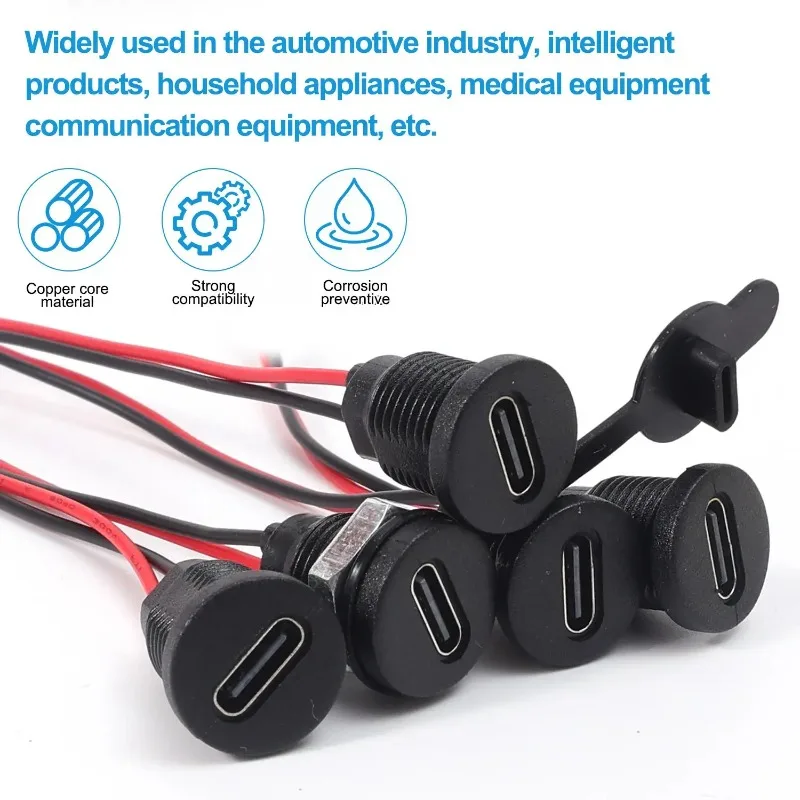 1/2/5pcs Waterproof  Wire Type-C USB Pigtail Cable Extension Power Cable Type-C Female Chassis USB-C Plug To 2Pin Bare Wire Open