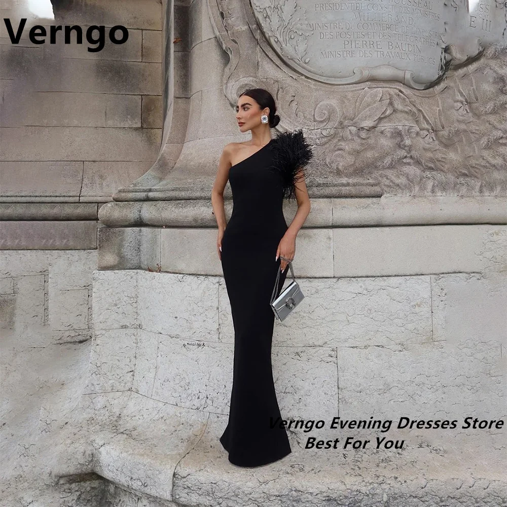 

Verngo One Shoulder Party Dress Long Feather Sleeveless Prom Gown Satin A Line Dresses For Formal Occasion 2024