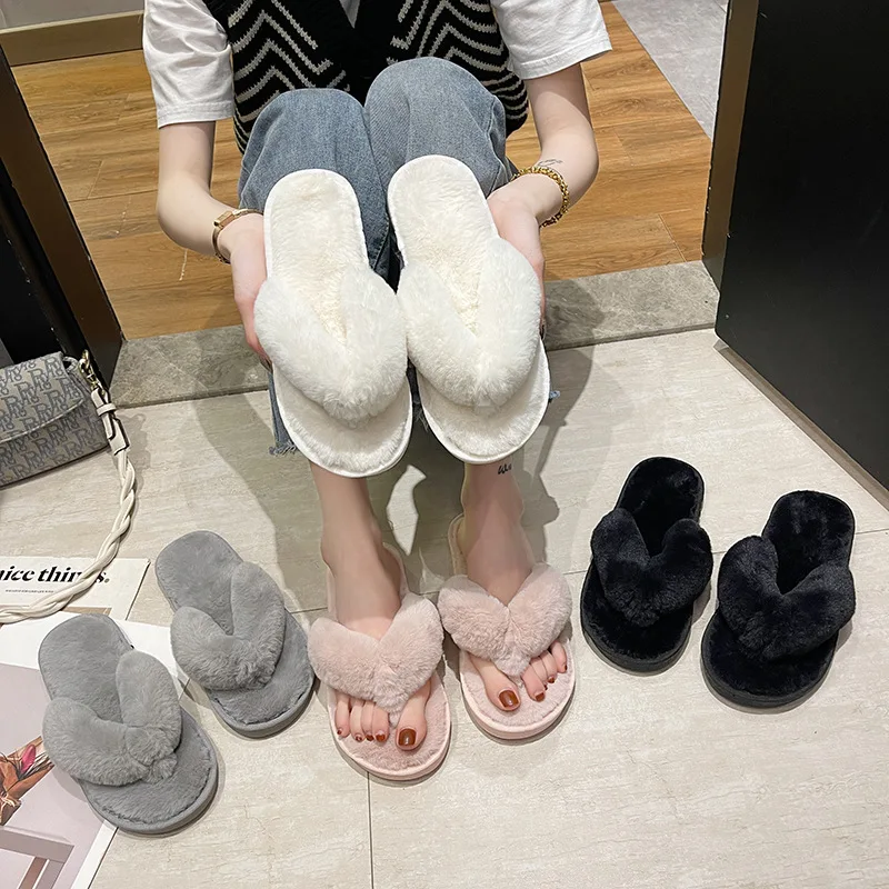 Nieuwe Dames Winter Harige Snoep-Gekleurde Konijn Haar Slippers Comfortabele Snoep-Gekleurde Huis Schoenen Vrouwen Lage Hakken Pluche Katoenen Slippers