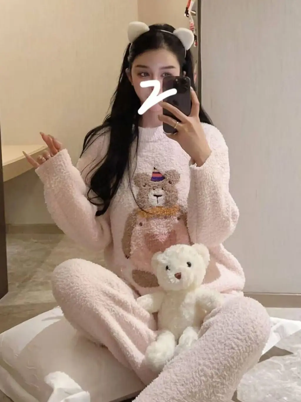 adorable-pink-cake-bear-thickened-soft-sleepwear-set-for-girls-winter-long-sleeve-round-neck-home-clothes-outerwear-available