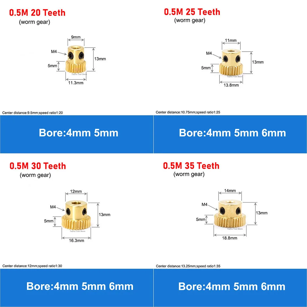 1Pcs 0.5M 20T-60T Brass Worm Gear Wheel Stainless Steel Worm Rod 0.5 Modulus 20 Teeth-60 Teeth Worm Gear Bore 4/5/6mm