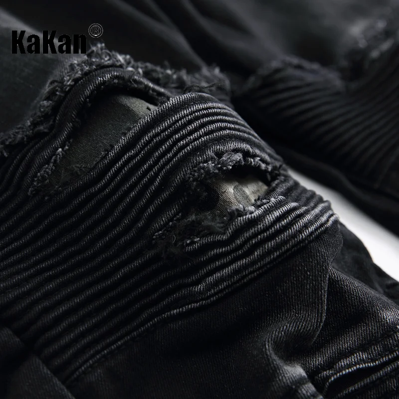 Kakan - European and American New Black Pleated Motorcycle Jeans for Men, Small Straight Fit Men's Worn Long Jeans K21-1209