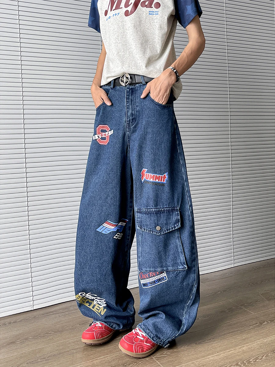 

Модные мужские джинсы с вышивкой, свободные прямые брюки в стиле рабочей одежды, летние, новинка 2025 года, американские широкие брюки в пол