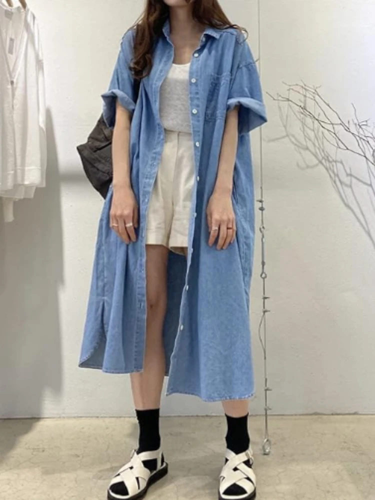 2024 Autumn Fashion Collection New Women\'s Cowboy Long Dress Loose Single Breasted Flip Collar Casual Medium Long Shirt Dress