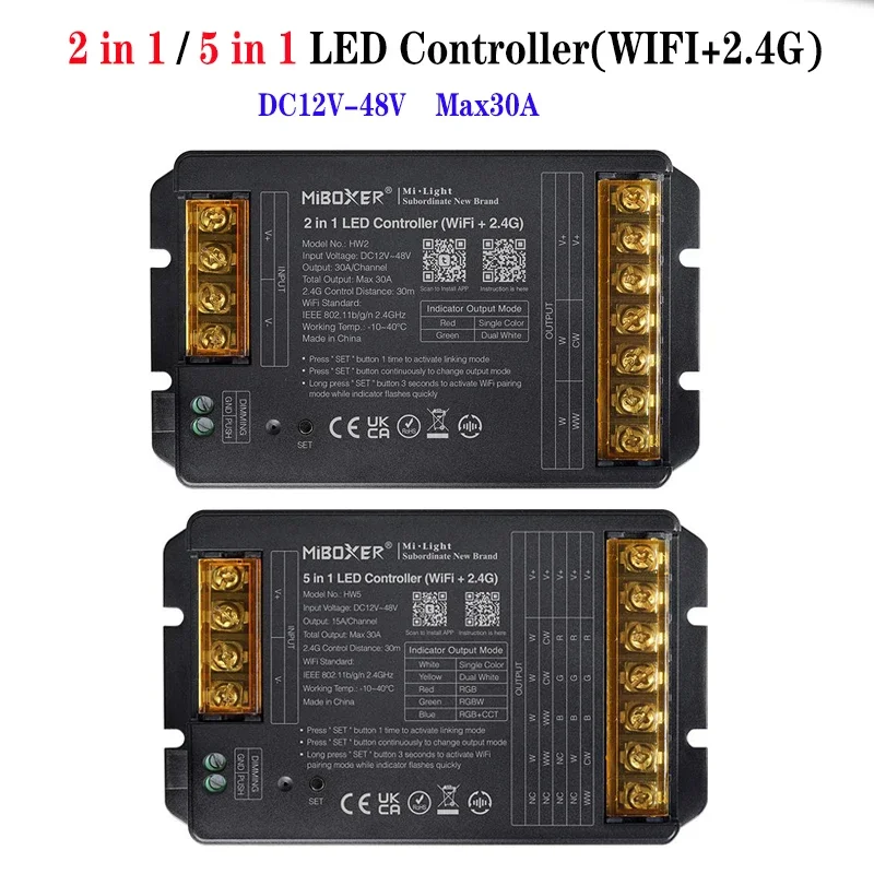 

Miboxer (WIFI+2.4G )LED Controller 2in1HW2 Single Color CCT 5 in 1 HW5 CCT/RGB/RGBW/RGBCCT LED Strip App Remote Control Max30A