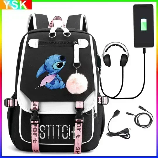 MINISO Disney Lilo and Stitch Stitch USB Charging Schoolbag Male and Female Student Backpack Anime Cartoon School Bag Mochila