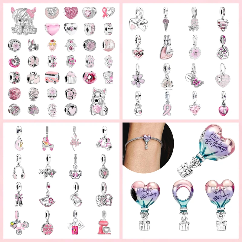 

Hot Sale Pink Series Charms DIY Women Jewelry Gift Hot Air Balloon Flowers & Hearts Cupcake Beads Fit Original Bracelet Necklace