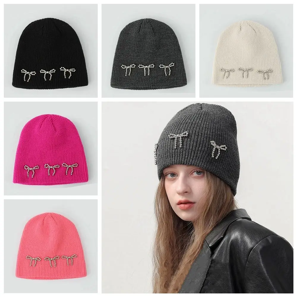 Casual Bowknot Pearl Bow Beanies Wool Hat Korean Knitted Hat Jennie Style Warm Cap Knit Cap Warm