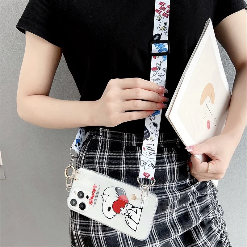 Cartoon Funny Cute Snoopy Peanut Crossbody Straps Wrist Strap Stand Phone Case For iPhone 11 12 13 14 15 Pro Max Soft TPU Cover