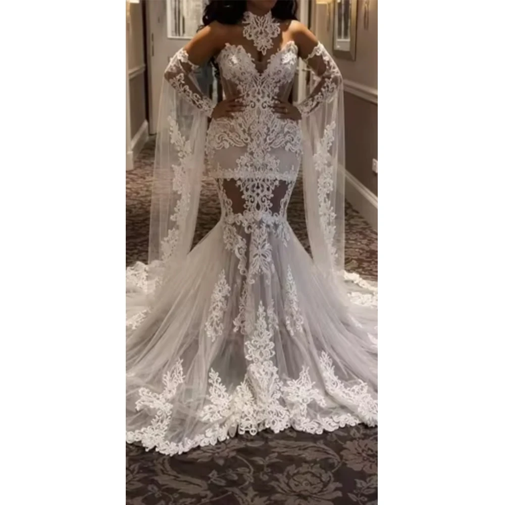 Vestidos de Novia Boho de Manga Larga con Cuello en V, Vestido de Novia Sirena de Encaje Hecho a Medida, Blanco, con Recortes, Estilo Trompeta, Vestidos de Novia Ilusión 2024