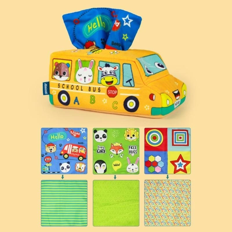 090B Tissue Box Toddler Toy Babies Sensory Toy with Crinkle Paper & Rainbow Dance Scarves Infants Learning Toy