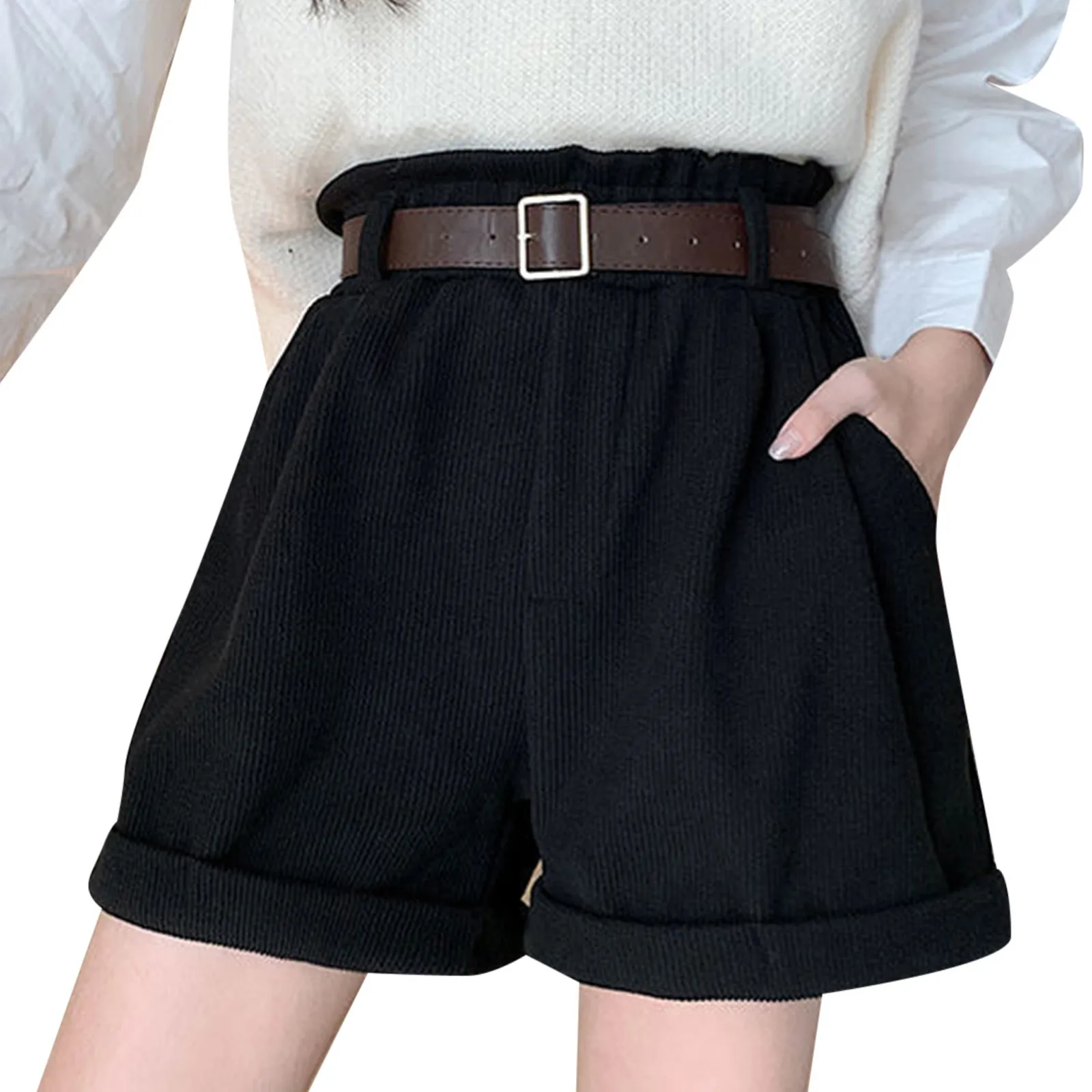 Belt Pure Cotton Shorts Women\'s High Waist Wide Leg A Line Suit Shorts Office Lady Solid Color Loose Casual All Match Short Pant