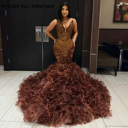 EVLAST Customized Shiny Brown African Prom Dress For Black Girls Ruffles Crystal Beaded Corset Mermaid Formal Party Gown E2P201