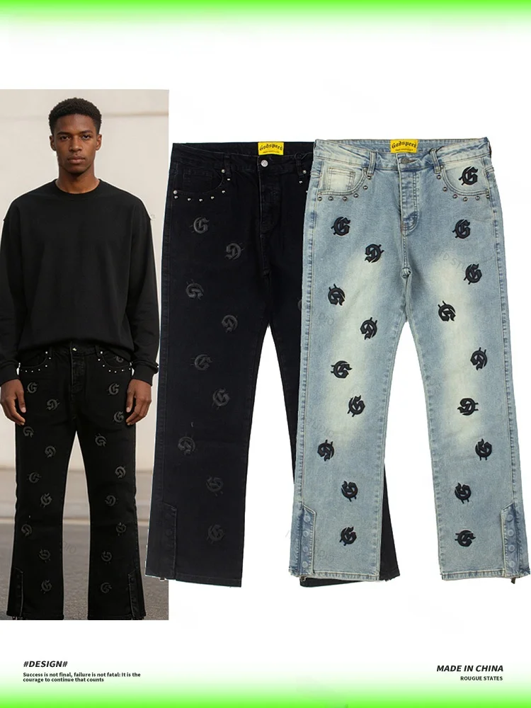 Godspeed Series Men's Loose Fit High Street Patchwork Embroidered Flared Jeans Youth Casual Wear Resistant Wear for Daily Use