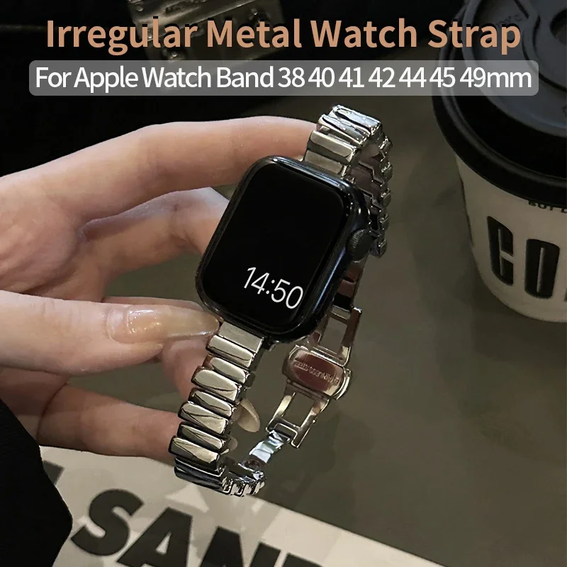 

Slim Irregular Metal Watch Strap for Apple Watch 44mm Band 40mm 41mm 45mm 49 Glossy Wrist Bracelet for IWatch Serie 9 8 7 SE 6 5