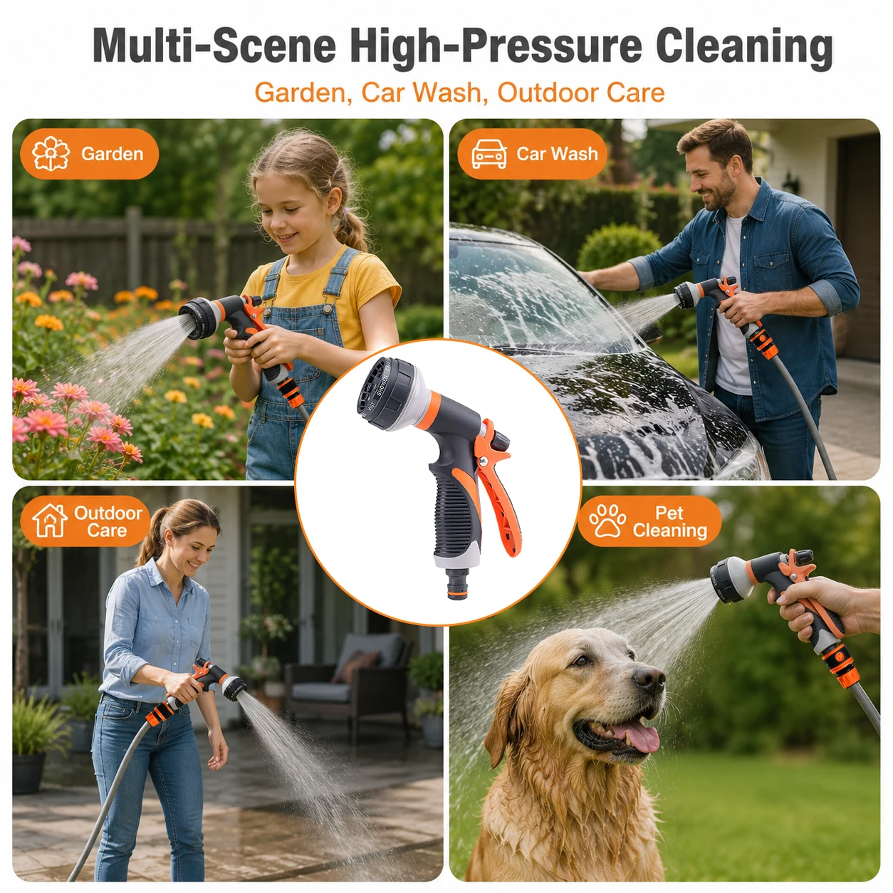 Garden Hose Nozzle, Pressure Water Spray Gun, 8 Spray Patterns, Car Wash Adjustable Hose Sprayer, for Vehicle Wash, Patio Cleani view 5