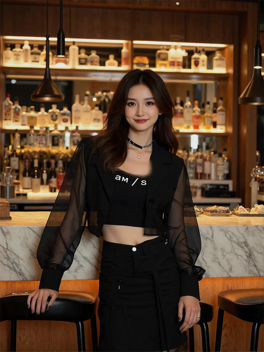 Sonnenschutz, abgeschnitten, durchsichtige Blazer mit Rückenschlitz, elegante Damenkleidung für Damen, Kunstseil, große Schneiderei, gerüscht, gepolstertes Wildleder für Damen