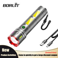 BORUiT Zoomable LED Flashlight Type-C Rechargeable Torch with Side Light & LCD Power Display Portable Light for Outdoor Camping