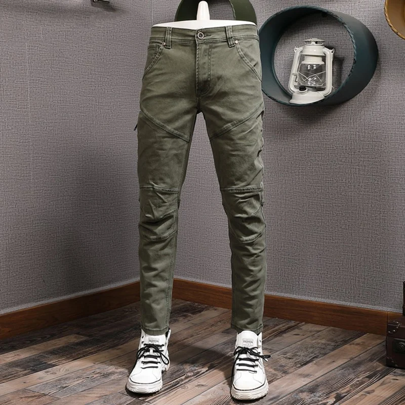 Newly Designer Fashion Men Jeans Spliced Stretch Slim Fit Army Green Jeans Men Trousers Streetwear Hip Hop Elastic Pants Hombre