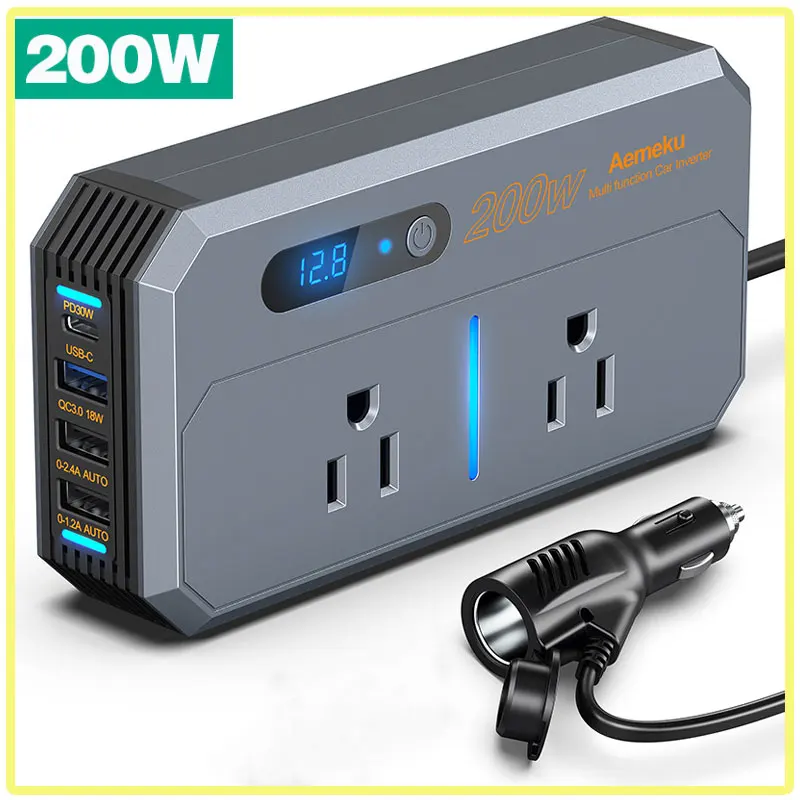 Car Inverter Power Adapter DC 12V to AC 110V 220V 200W Converter Auto Power Adapter Type-C USB Fast Charging Station Transformer