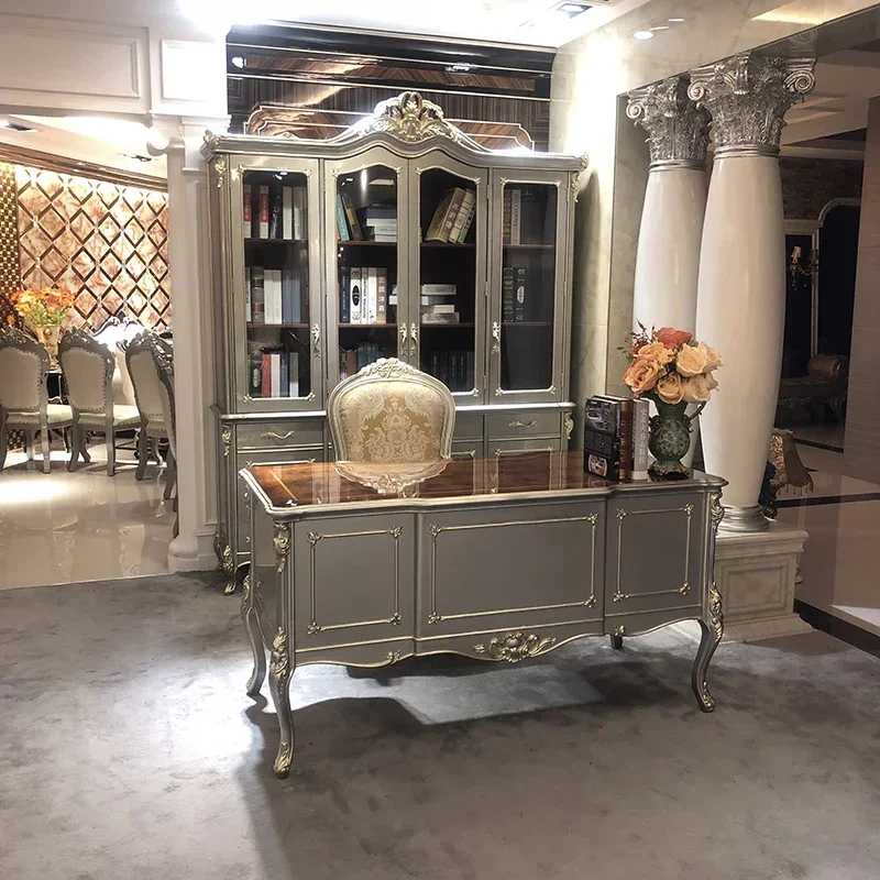 European bookcase solid wood carved storage desk bookcase furniture set study combination