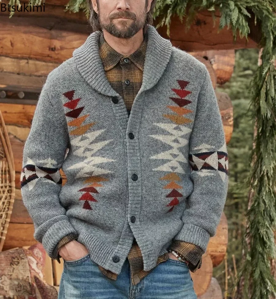 Nuovi maglioni caldi più spessi da uomo 2024 autunno inverno uomo Vintage Jacquard manica lunga con risvolto Cardigan lavorato a maglia cappotti maglione per uomo