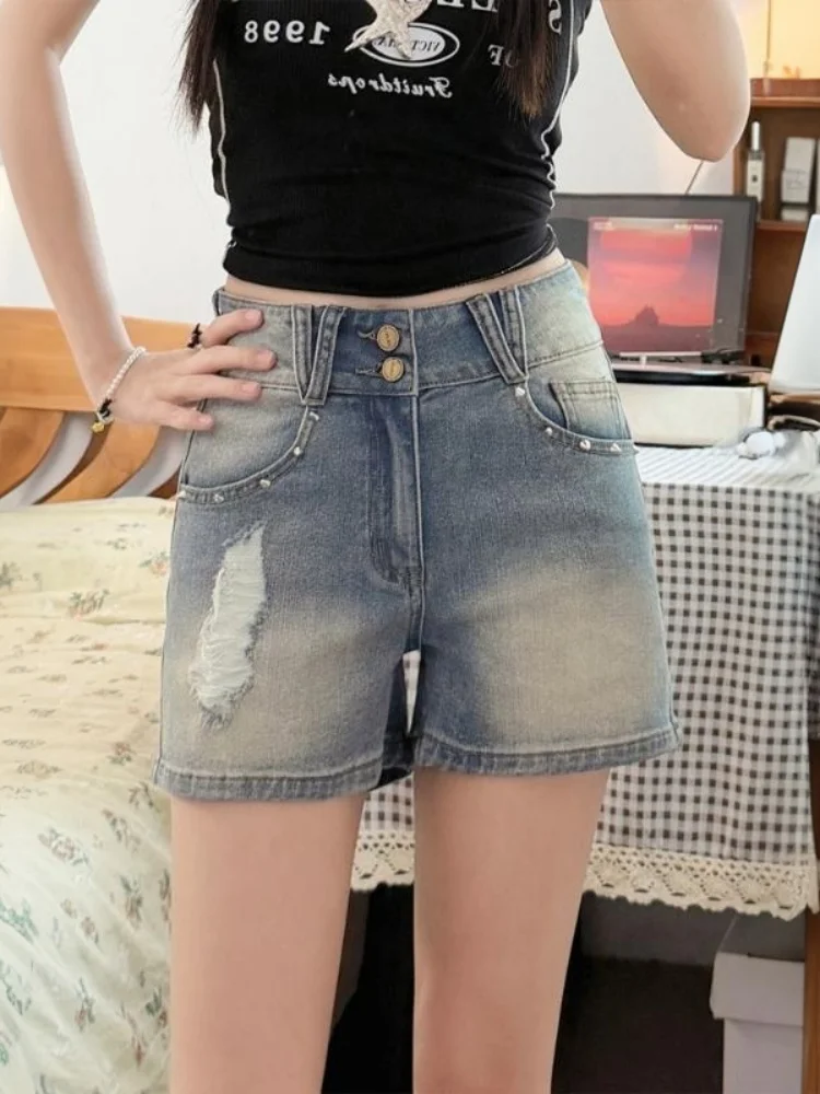 

Low Waist Distressed Denim Shorts Women's Summer High Elasticity Tight Fit Hot Short Pants American Style Spicy Girl Large Size