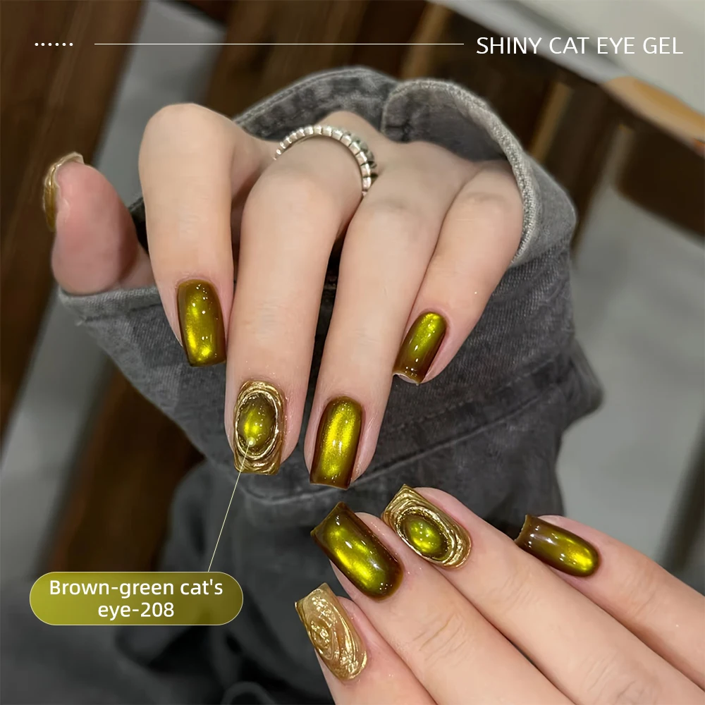 1PC XEIJAYI ブラウングリーンキャッツアイジェルポリッシュ、高密度磁性粉末配合、UV/LEDソークオフサロン＆DIYネイルアートキット、15ml