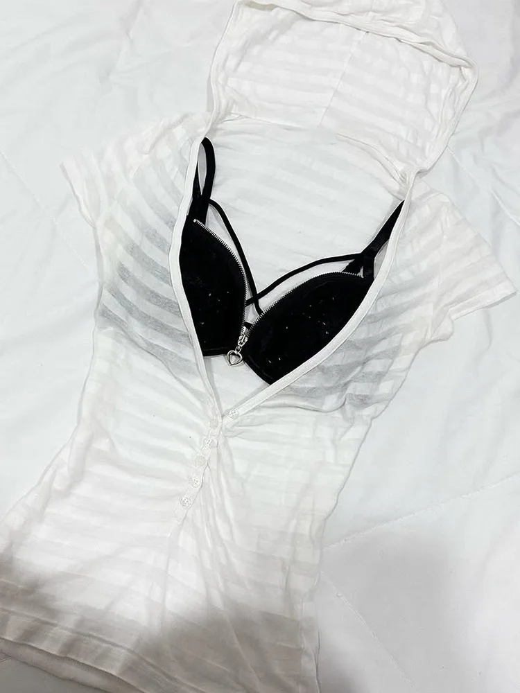 Floral End American Retro Y2K Spicy Girl White Stripes Hoodie T-irt Slim Fit Cotton ort Sve Summer Faion for Women