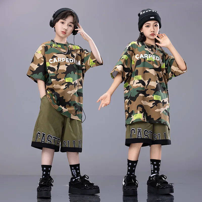 

Children Summer Clothes Sets Camouflage Tops Loose Shorts Outfits Kids Hip Hop Dance Costumes Girls Boys Jazz Performance Wear