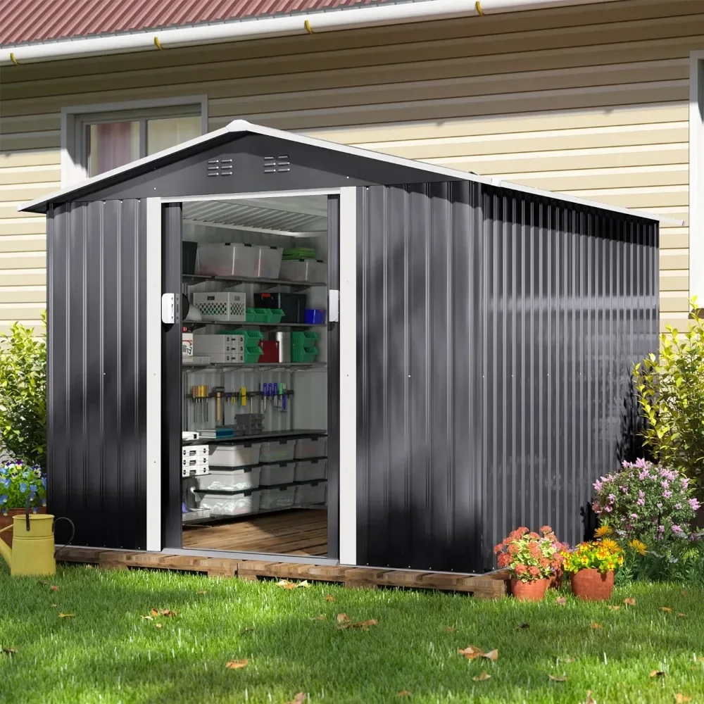 8'x8' Garden Shed, Large Metal Lockable Outdoor Storage Shed & Outdoor Storage Garden Shed Tool Outdoor Storage Shed wit