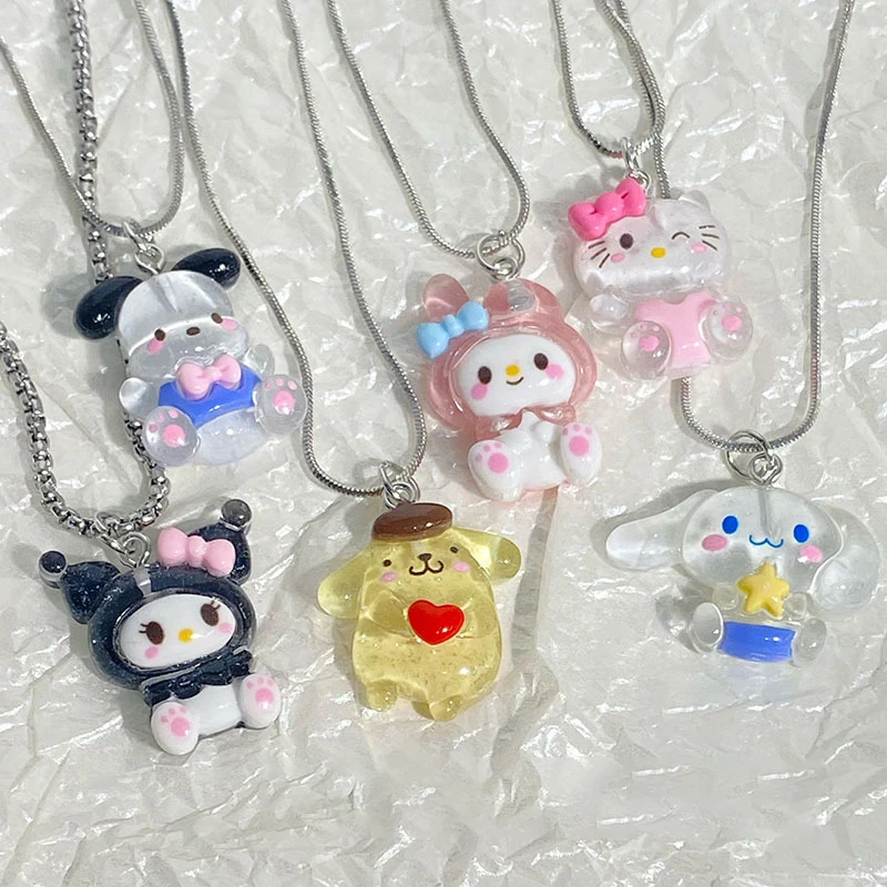 Kawaii Sanrio Necklace Fine Flash Kuromi Mymelody Cinnamoroll Pochacco Pompompurin Necklace Cartoon Pendant Gift For Girl