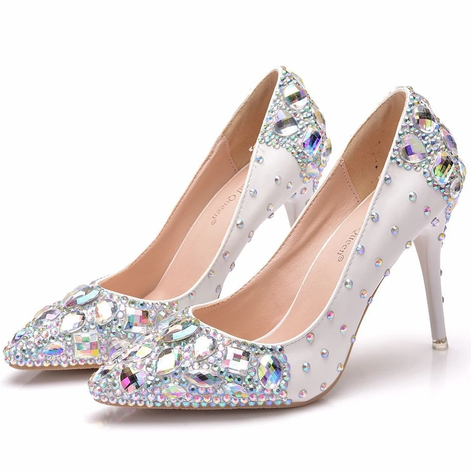 

Women Party Dress Shoes Thin High Heels Luxury Shining Crystal White Brida Rhinestone Wedding Pumps Woman Plus Size 41 H0041