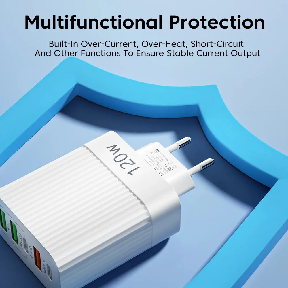 120W 5 Ports USB C Charger Fast Charging Phone Charger Power Adapter For iPhone Samsung Xiaomi Huawei Type C Quick Wall Charger