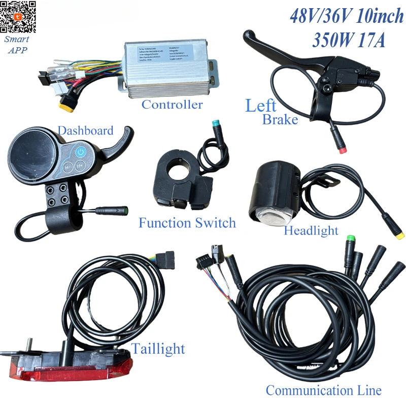 

10-дюймовый контроллер электрического скутера, приборная панель 36 В/48 В, многофункциональная с указателями поворота, полный комплект, приложение с регулируемой скоростью 350 Вт, 17 А