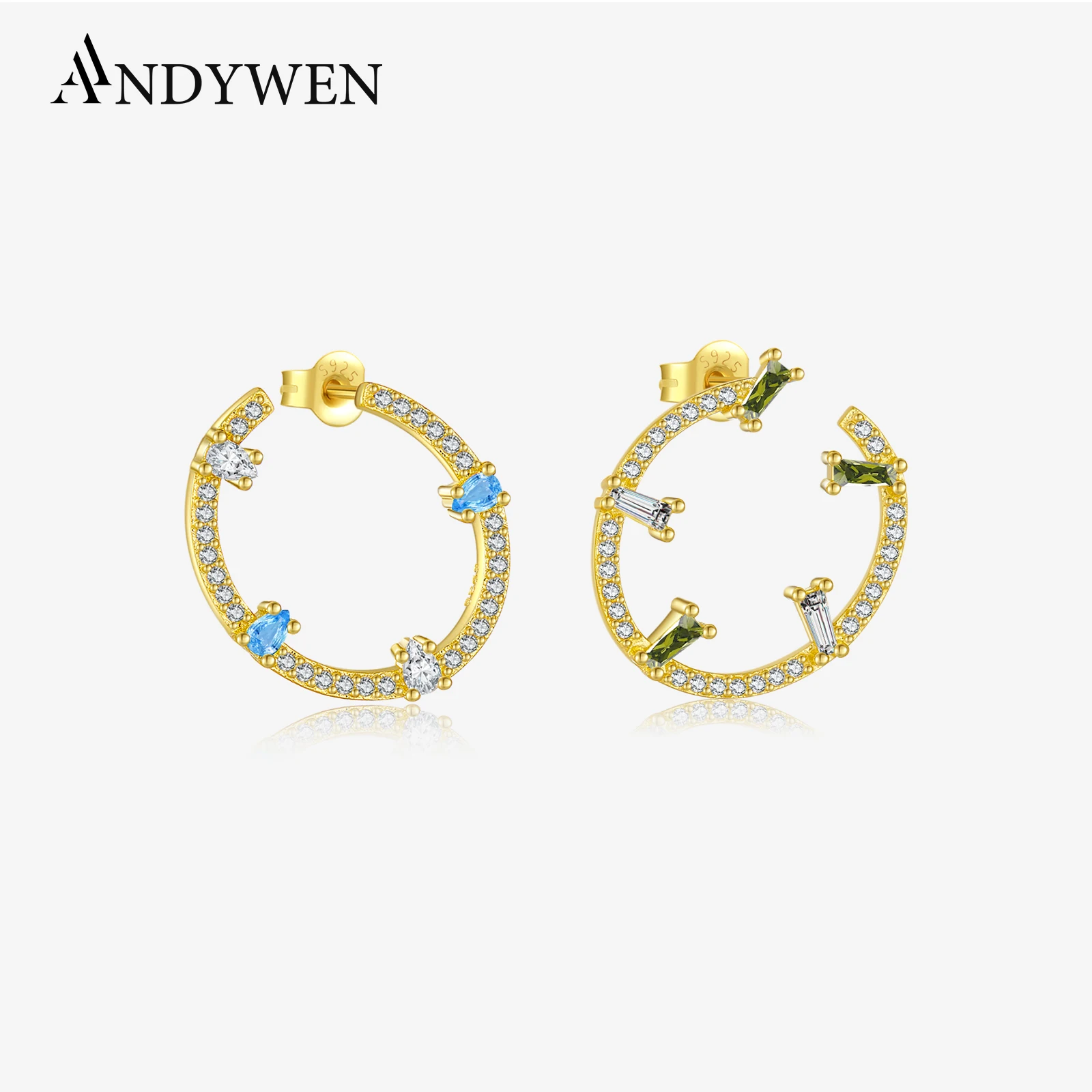 

ANDYWEN 925 Sterling Silver Sparkling Colorful Pear & Rectangular Stud Earrings Micro-Paved Zircon Jewelry for Party Events