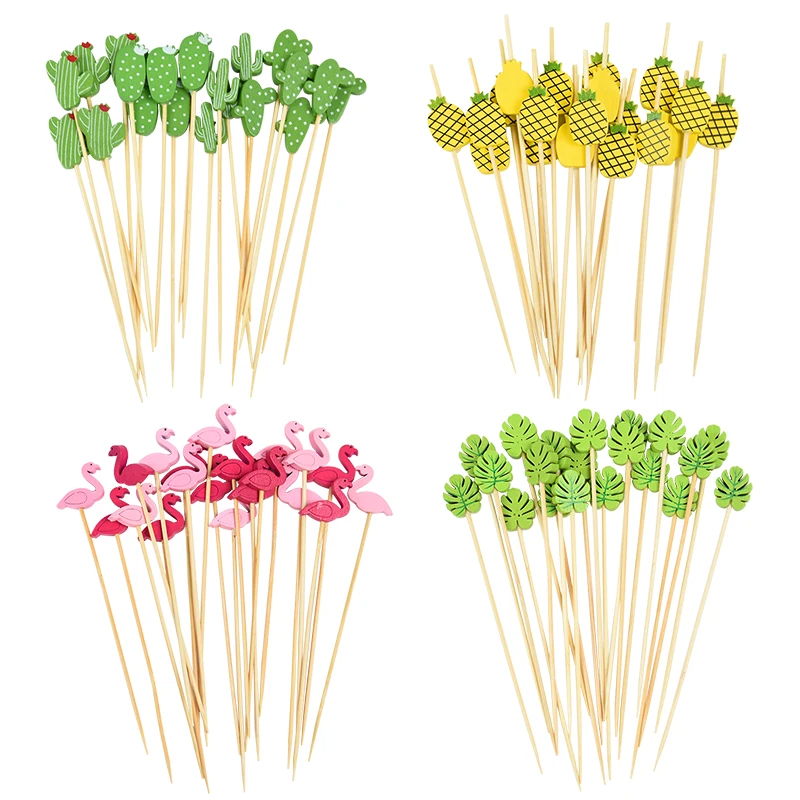 

100pcs/bag Hawaii Party Cake Topper Flamingo Pineapple Leaf Food Fruit Cupcake Fork Summer Beach Birthday Wedding Decoration