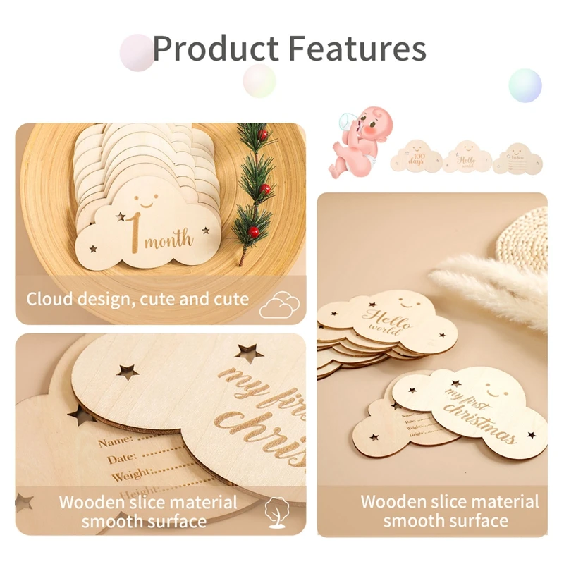 English&Spanish Wooden Baby Milestone Number Month Memorial Cards Items  Cute Cloud Shape Newborn Photography Accessories Props