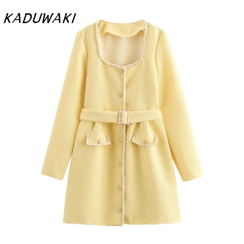 KADUWAKI European American Retro Square Neck Small Fragrant Casual Lady Long Sleeve Robe Coats Simple Waist Cinched Buckle Dress