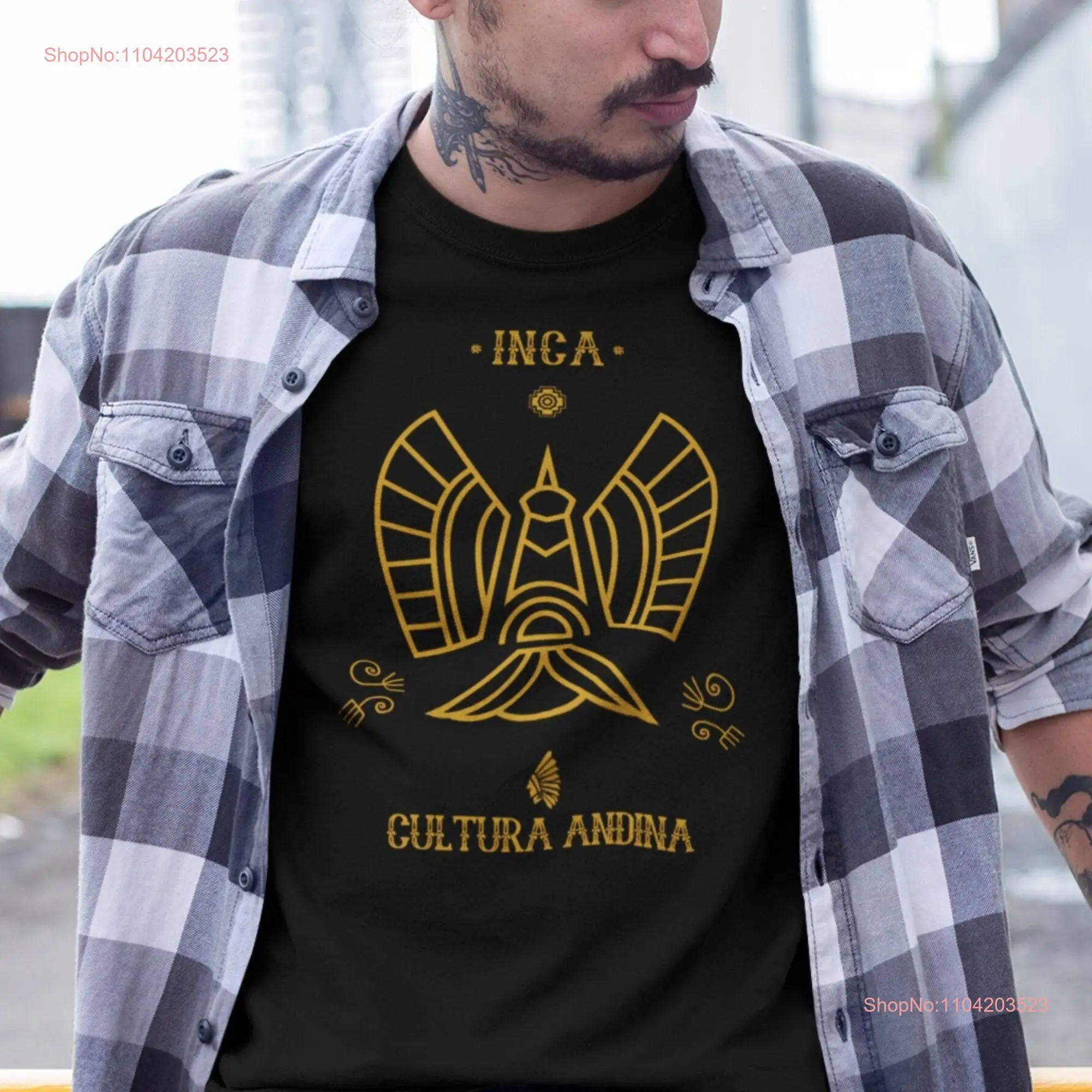 Inca T shirt featuring a bird symbol and golden colors symbolizing the Andean culture of Mesoamerica