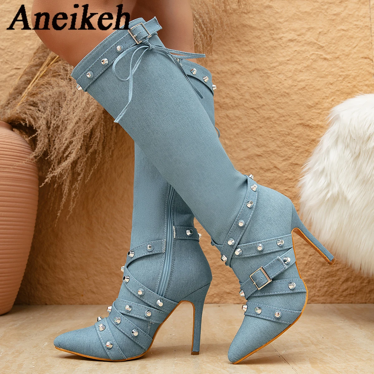 Aneikeh Fashion Women Autumn Sexy Booties Pointed Toe Rivet Strap Knee High Belt High-heeled Long Tube Blue Denim Boots Pumps