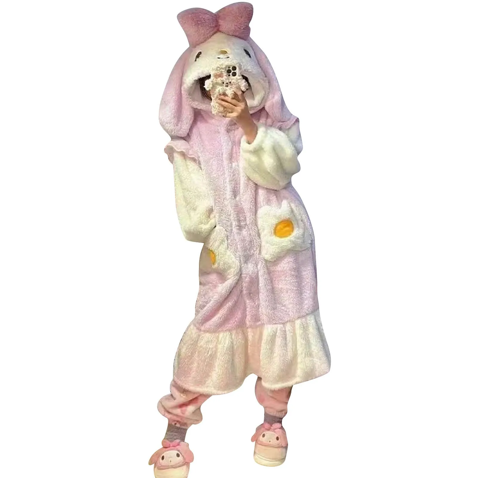 Cartoon Kuromi Coral Fleece Plus Velvet Thicken Nightgown Loungewear Girly Kawaii Winter Outdoor Long Style Hooded Home Clothes