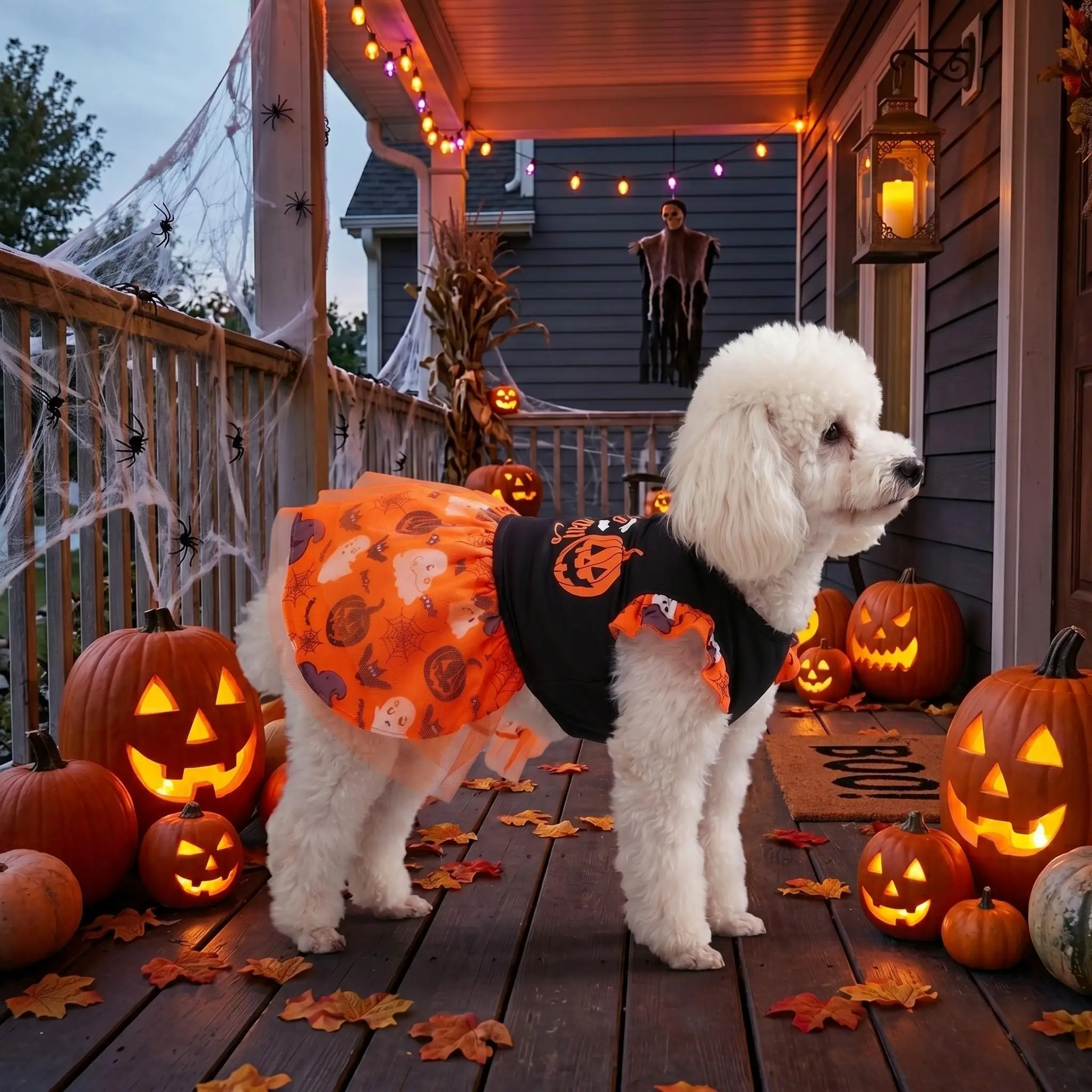 Fröhliches Halloween-Hundekleid mit Rüschen, Kürbis, Geist, Fledermaus, Spinne, orangefarbenem Netz-Tüllrock, Haustier-Outfit für kleine und mittelgroße Hunde und Katzen – Detail 4