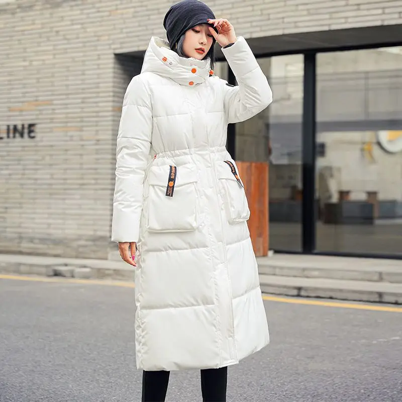 Disposable Duck Down Jacket for Women, Medium Length, Over the Knee, Glossy White, Cold Weather Coat, Autumn and Winter