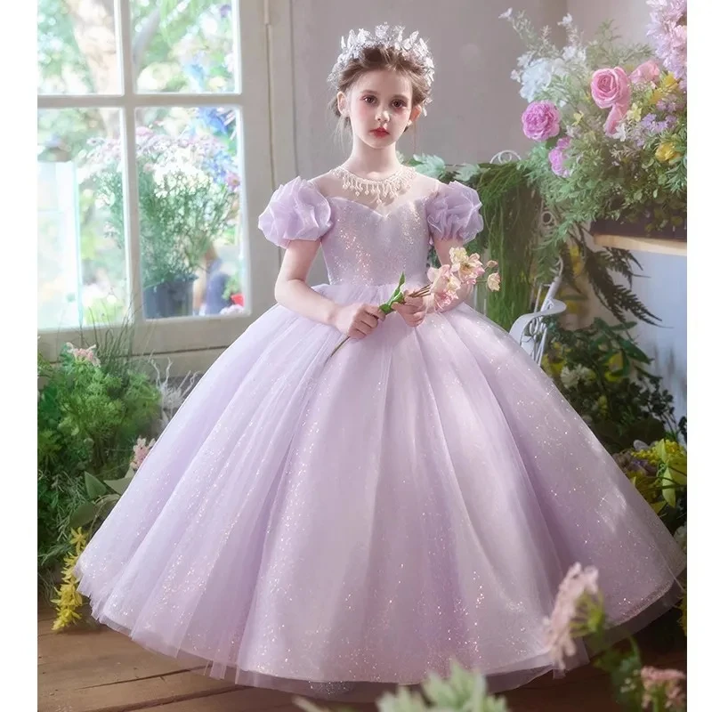 

Lilac Glitter Tulle Kids Dress Puff Sleeves Mesh Neckline Princess Ball Gown Flower Girl Wedding Formal Occasion Outfit