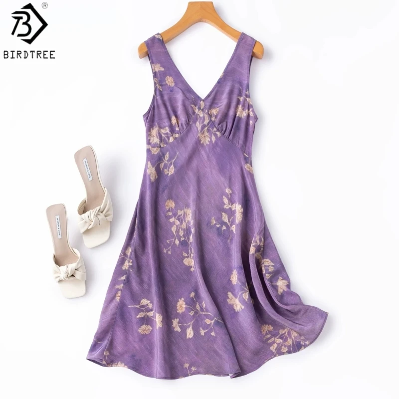 BirdTree, Robe mini imprimée 100% soie véritable, sans manches, col en V, robes ajustées en crêpe double à biais pour femme, Nouvelle collection été 2026 D65620JF