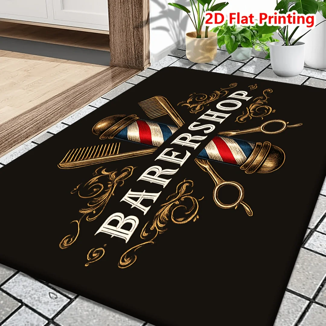 Barbershop Rectangle Door Mat Vintage Hair Salon Non-Slip Welcome Rug Luxury Gold Black Carpet for Indoor Entrance Decor