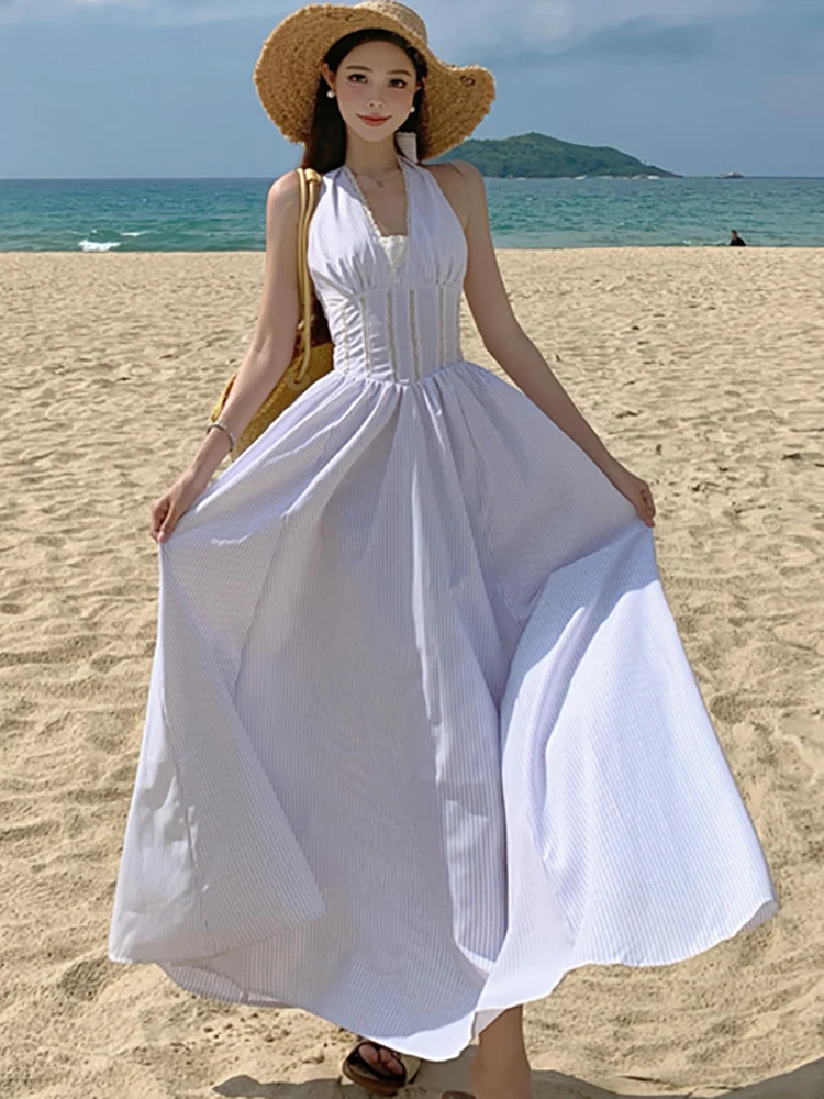 

2025 New Fashion Striped Patchwork Lace Neck-mounted Dress Women Elegant Luxury Long Dress Summer Korean Bodycon Festival Dress