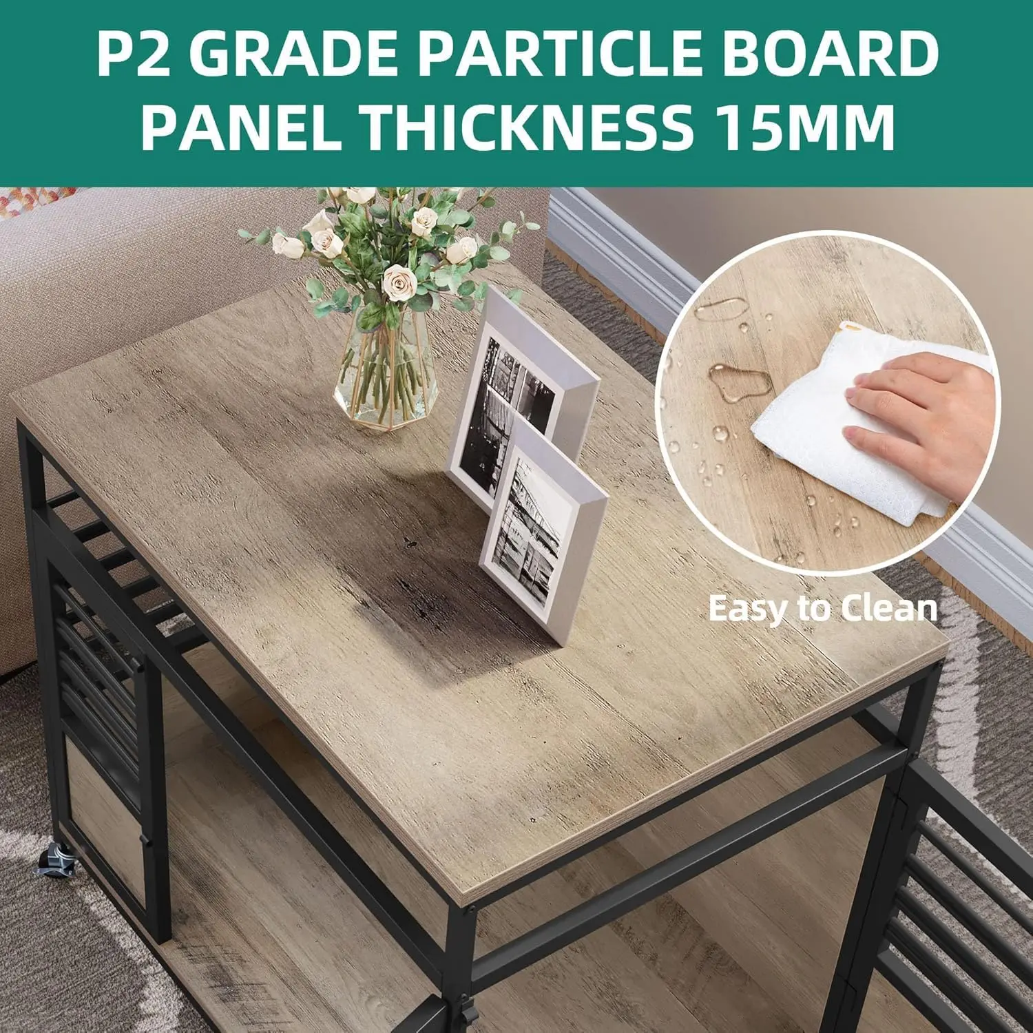 أثاث على شكل قفص للكلاب بعجلات مقاس 39 بوصة، وطاولة قفص للكلاب الخشبية شديدة التحمل مع أبواب مزدوجة لتزيين المزرعة المقاومة للمضغ